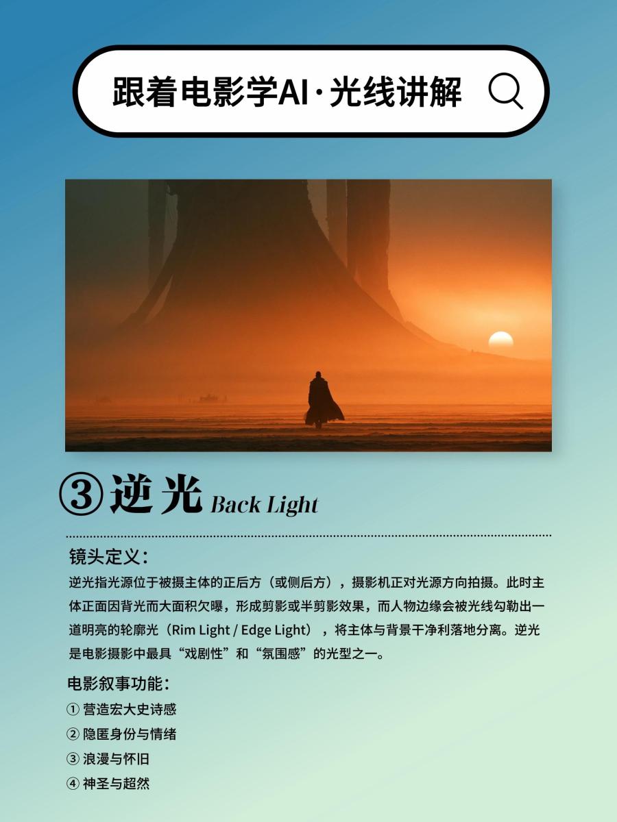 第三期｜光线。光是电影的第一个字。 
顺光拆穿伪装。
侧光剖开内心。
逆光勾勒宿命。
顶光审判灵魂。
底光释放恶意。
伦勃朗光——在黑暗中，给尊严留了一盏灯。 
六种光型，六种命运的写法。 
跟着电影学AI，第三期。
不是教你打光，是教你— 图3