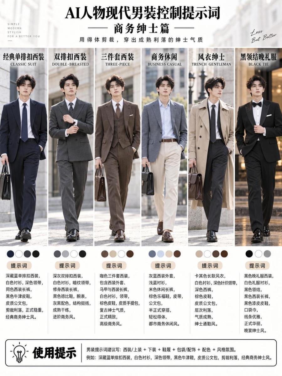 全网最全AI男性现代服饰提示词集合。漫剧、短剧，设计等可参考#男士时尚进化论 #aigc #ai教程 #ai视频制作 #ai生图 图3