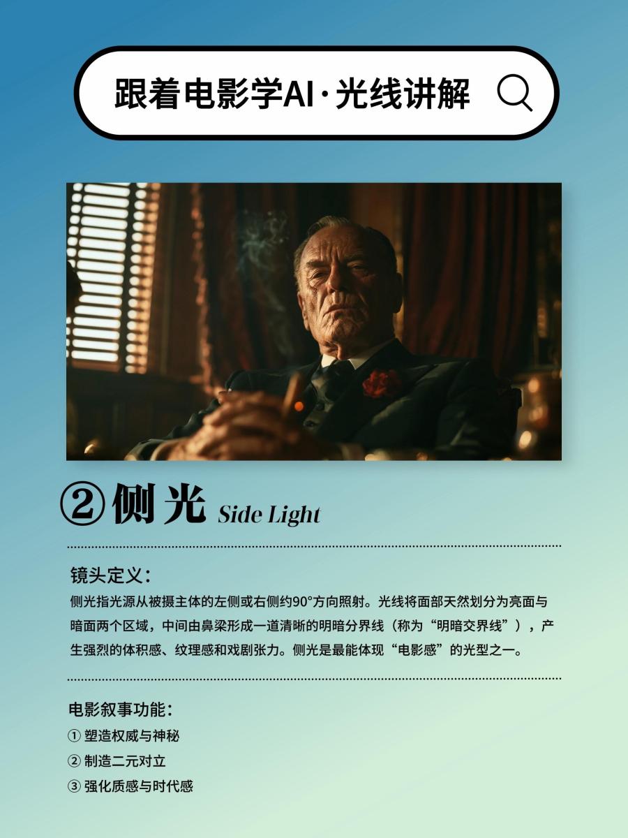 第三期｜光线。光是电影的第一个字。 
顺光拆穿伪装。
侧光剖开内心。
逆光勾勒宿命。
顶光审判灵魂。
底光释放恶意。
伦勃朗光——在黑暗中，给尊严留了一盏灯。 
六种光型，六种命运的写法。 
跟着电影学AI，第三期。
不是教你打光，是教你— 图2
